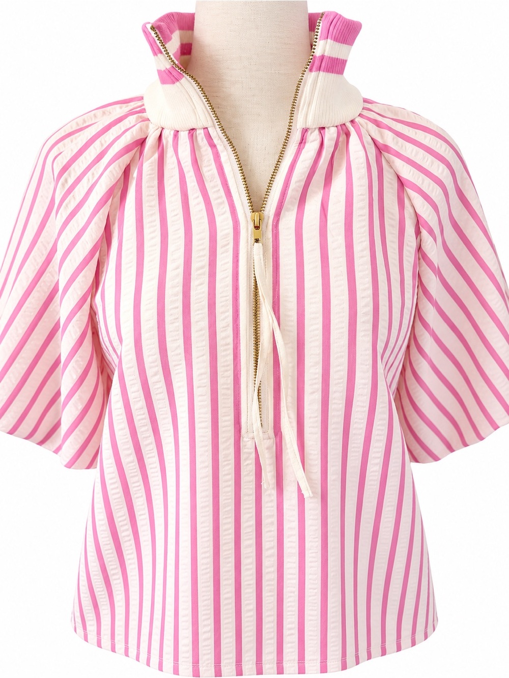 Entro Pink White Striped Half Zip Puff Sleeve Top Blouse small